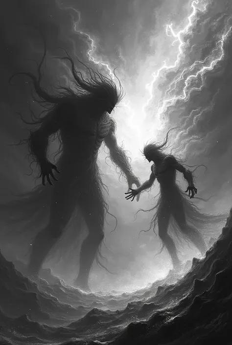 Generate a black and white nightmare of two giant cosmic beings fighting in empty space