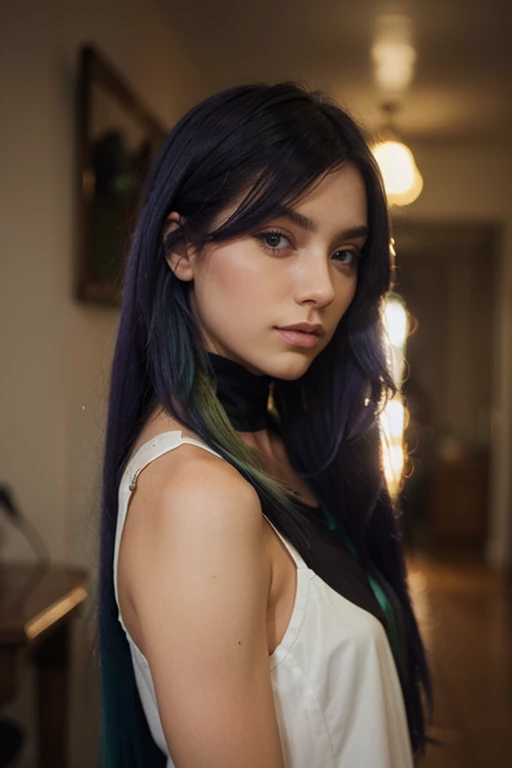 Long curly royal blue hair with violet and green underlights.