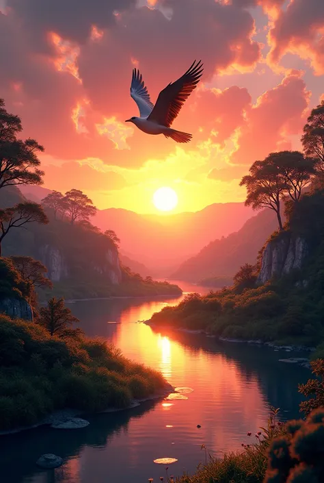 Beautiful landscape, bird flying, sunset