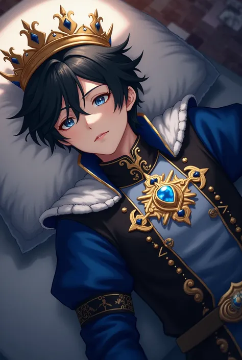 A black-haired young man wearing a kings crown ,  he is on his back and his king costume is blue, black and white