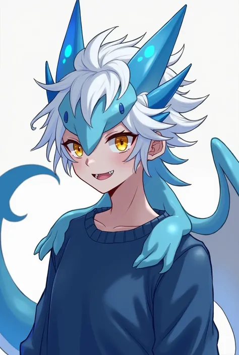 Un jeune homme HUMAIN de 1m78 au sourire mignon avec des dents pointu, avec des caractéristiques de dragon deau bleu clair ciel une queux ressemblant fortement à celle dun axolotl et des ailes pointu et grande avec des petites entaines sur sa tête faisant ...