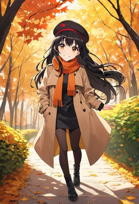 1girl, solo, masterpiece, best quality, (anime art style:1.0), 2d, dynamic shadows, masterpiece, best quality, (anime art style:1.0), 2d, dynamic shadows, atmosferic, round breasts, long black hair, straight hair, walking through a leaf covered path, long ...