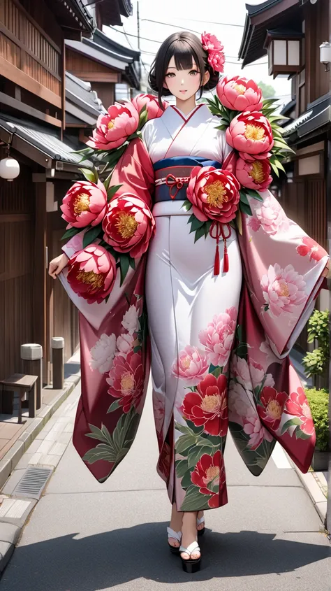 ultra-realism Taisho Romantic Kimono Walking the streets of Kyoto Life-size Peony Flowers