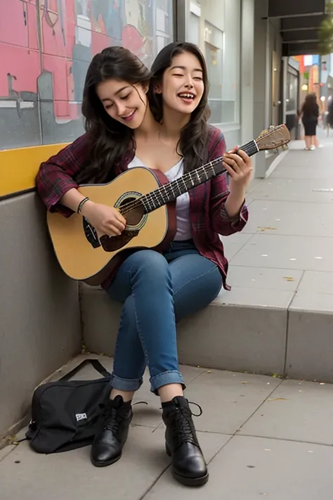 there are two women sitting on the sidewalk playing guitar, mujeres  playing the guitar, On a sidewalk in Vancouver , on a street,  Photo from a promotional shoot , on the sidewalk, posing on a city street,  in an urban environment , improvising with music...