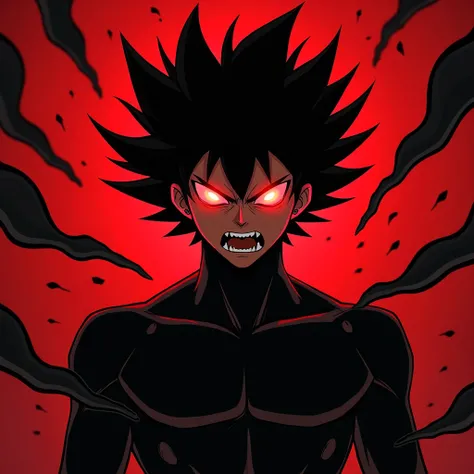 Make an anime character all black with only red eyes coming out rays with a red background as if he were angry with spiked hair and with several black lines coming together