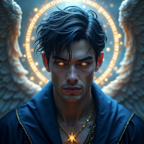 photo realistic Archangel Raziel, emanating an aura of mystery and profound wisdom. His manly features are intricate and otherworldly, with sharp cheekbones and a slightly elongated face that conveys his role as the keeper of divine secrets. His eyes are m...