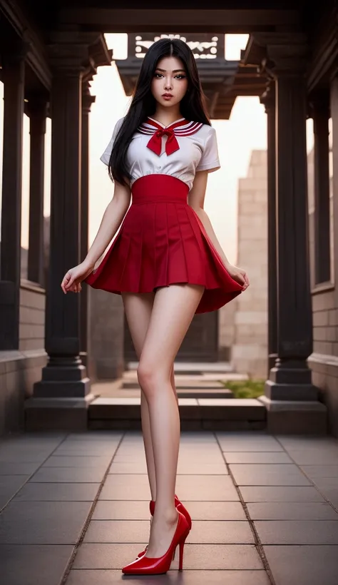 Ultra HD 8K realistic photograph of a young woman around 18 years old, styled as Sailor Mars. She has a slender yet athletic build, long legs, and a narrow waist. Her long, straight black hair flows down her back, and she has striking violet eyes. She is w...