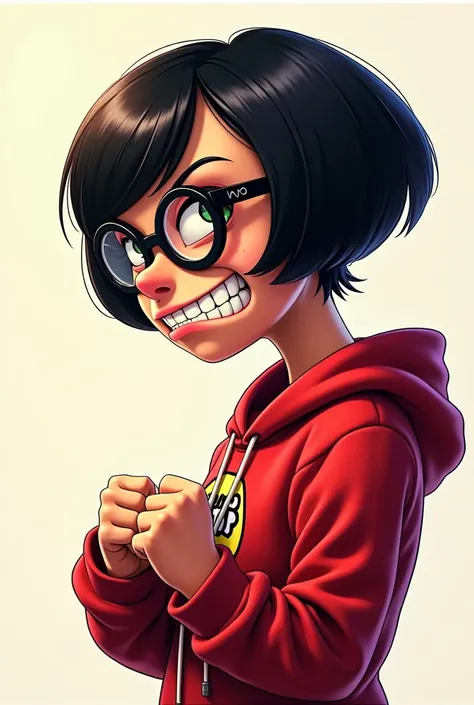 A picture of Edna from Minions as a side profile but only the upper body where she grins angry and grabs the glasses design for hoodie 