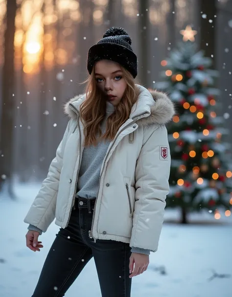 8K, photorealistic photos, young white 15-year-old model, light brown hair. Red lipstick on full lips. A typical figure for a 15-year-old girl. Dressed in a white winter jacket with fur trim. and black denim pants. She has a black fur winter hat on her hea...