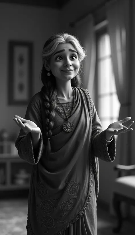 a pakistani 50 years age woman, black and white hair, traditional dressing, talking by pointing the hands, standing, inside of home,  disney pixar style image
