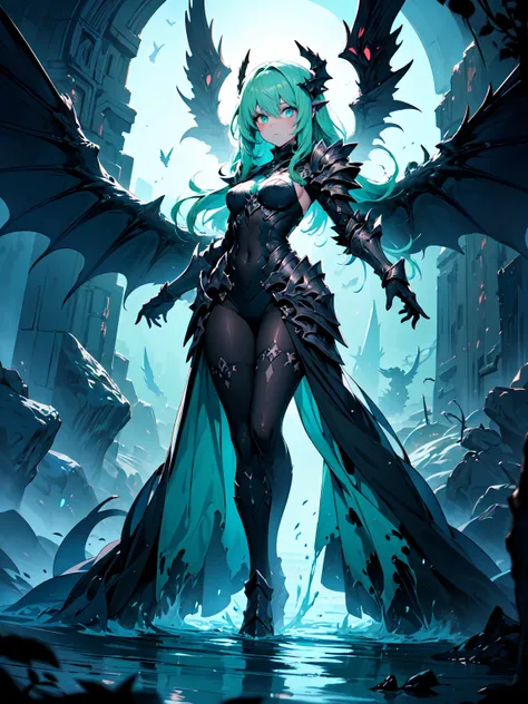 (((masterpiece, best quality, high detailed, 16k))) (1girl) A terrifying woman with flowing green hair resembling writhing tentacles, her skin a deep sea-green and covered in glowing, ancient runes. Her eyes burn with an otherworldly light as she rises fro...