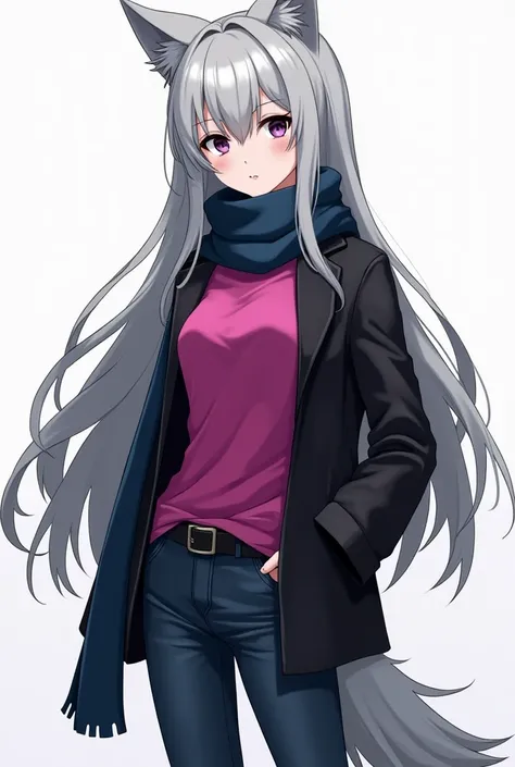 Adult anime girl,  long gray hair ,  gray skin with a lighter spot on the mouth,  the tip of the black nose ,  black eyes,  should have features of a wolf  ( ears and tail referring to the color of the hair ).  Wear a fuchsia t-shirt , a black jacket, a da...