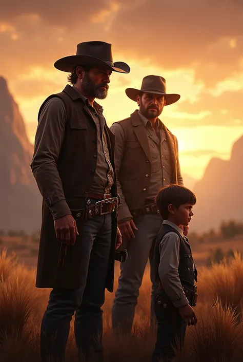 Create for me an art from the Red Dead Redemption 1 and 2 Game Franchise with the following characters in this photo, Arthur Morgan, John Marston e Jack Marston. 