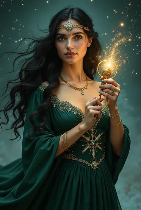  A detailed and decorative superrealistic representation of a woman ,  portrayed as a majestic and ethereal figure .  She is surrounded by a starry night sky ,  with flowing dark green long clothes with lace details and gemstones Precious,  adorned with br...