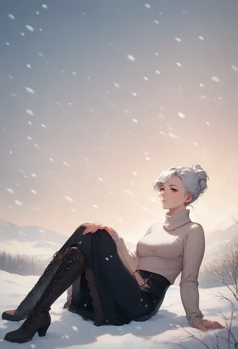 A beautiful anime-style girl with short silver hair and soft curls, wearing a cozy beige turtleneck sweater and a white lace-trimmed skirt. She is sitting in a relaxed pose on a snowy winter field with soft, frosty grass and a gentle winter atmosphere. The...