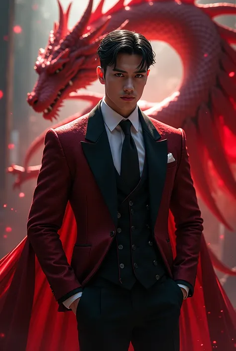  Anime man in a suit and tie with a dragon in the background,  Dragon-inspired costume, by Yang J, human-dragon fusion , handsome Japanese demon ,   Handsome boy with demon hunter art  ,  epic and elegant portrait , artstation trend, by Oliver Sin, crimson...