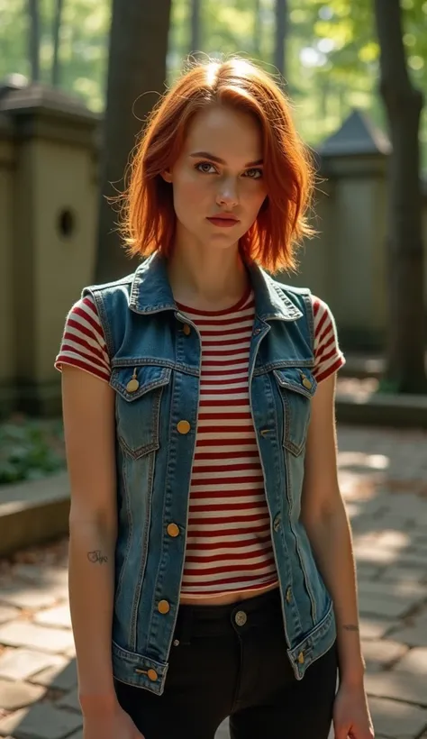 Ultra HD 8K realistic photograph of a young woman around 18 years old with a sleek, athletic build known for her beauty. She has shoulder-length red hair styled in a bob cut and striking brown eyes. She is wearing a casual outfit consisting of a denim vest...