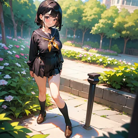 ( best quality,  high definition ,  super detailed, Realistic:1.37), Peaceful atmosphere, (Outdoor, garden),  Teenage Girl Standing Alone,(My breasts are large.),Beautifully detailed features,  cute smile with blush, ((Black Bob)),Long sleeve sailor suit, ...