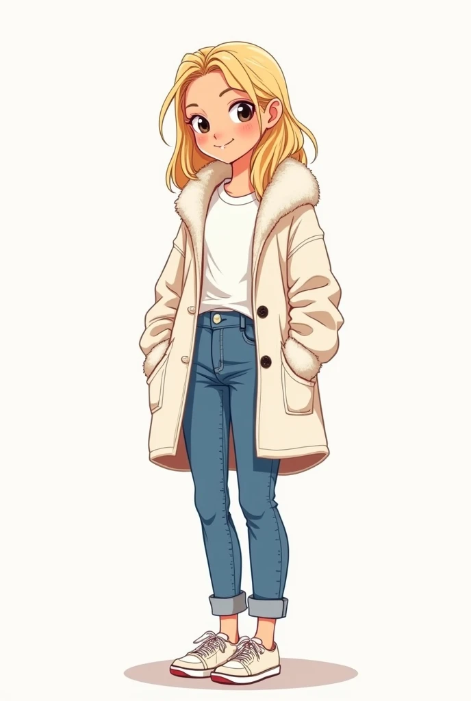 Genere une image dune jolie fille blonde, style ado première de la classe, portant un t shirt blanc, un jean, et un manteau de fourrure style duffle coat blanc, avec des proportions dado et dans un style croquis cartoon.