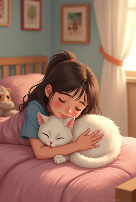 A cat sleeping in her room with a girl