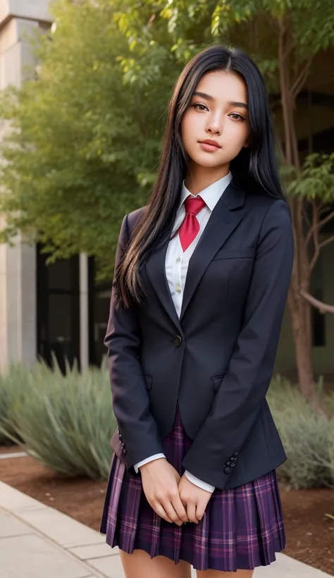 Ultra HD 8K realistic photograph of a stunning young woman around 18 years old. She has a sleek and elegant build with long, straight black hair and captivating lavender eyes. She is dressed in a school uniform, consisting of a navy blue blazer, white shir...