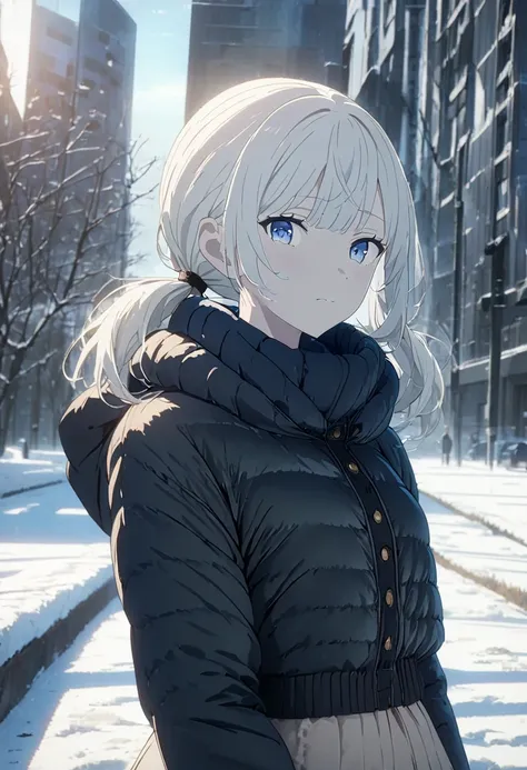 1girl, solo, upper body, ((cold expression)), looking at viewer, (blue eyes), ((double ponytail)), ((wavy bangs)), medium length white hair, ((light peach skin)), slender waist, white background, winter outfit, dark blue sweater, anime, cinematic lighting,...