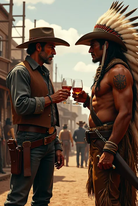 Masterpiece, Ultra-detailed, hyper realistic, a scene of the old Wild West, an epic battle between a group of cowboys and a group of Native Americans. In the foreground, Clint Eastwood as a cowboy is toasting cognac with Geronimo in front of a saloon