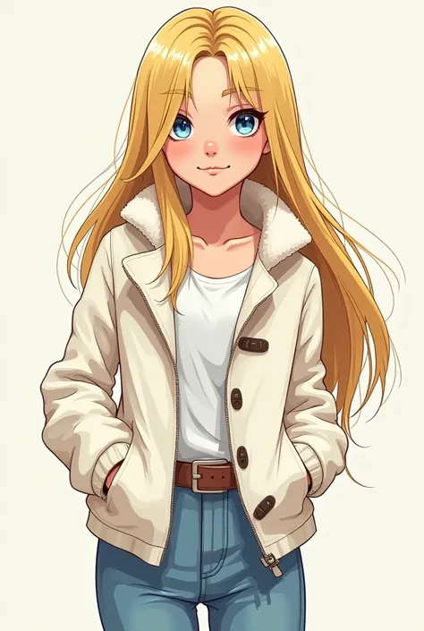 Genere une image dune jolie fille blonde, style ado première de la classe, topless, un jean, et un manteau de fourrure style duffle coat blanc, avec des proportions dado et dans un style croquis cartoon manga. 