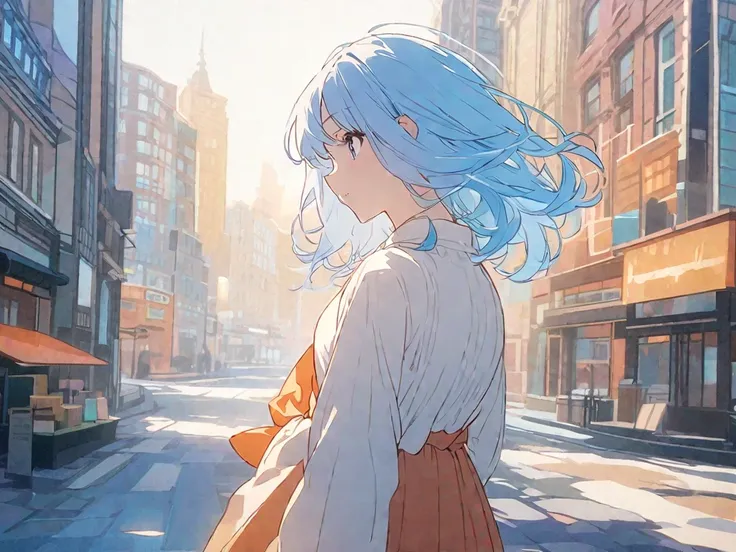 whole body,  upper body、 Beautiful Women, 4K, Warm colors ,  white blouse 、 skirt,In the city、Street with retro buildings、 complex background、short light blue hair 