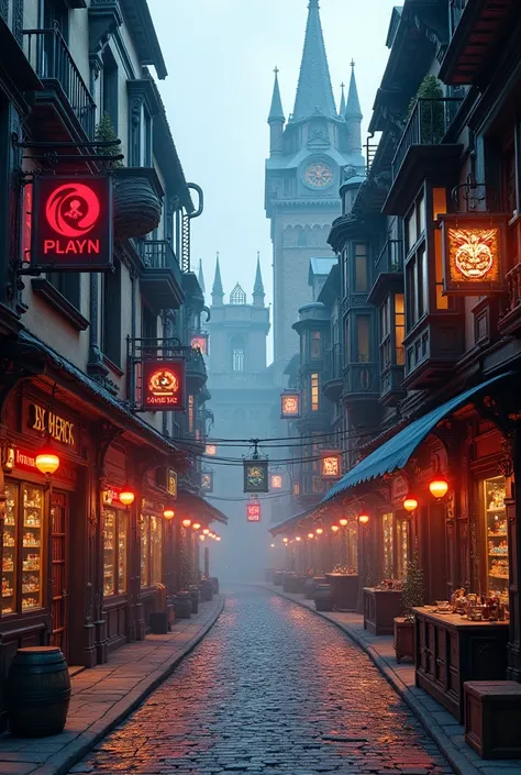 ( best quality ,  photorealistic ,  :1.2), ,  a fantasy street in the DND-style with the architecture of taverns and gunsmiths in medieval style, Arsenal and potion stores and magic stores ,  but the aesthetic is cyberpunk with neon signs and a vibrant faç...