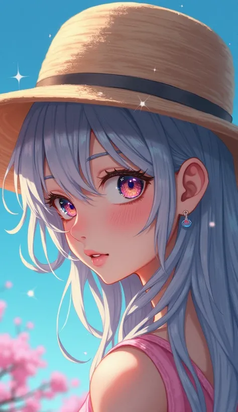   Close-up of an improved masterpiece:1.5)0.9], (Cherry Tree Field :1.2) (  long messy silver hair  :1.1) (heterochromia:   xanthochromia and blue pink  :1.2) ( summer hat with extra large brim:1.0) (  Colored stars in the eyes:1.0) (A radiant glow:1.1) ( ...