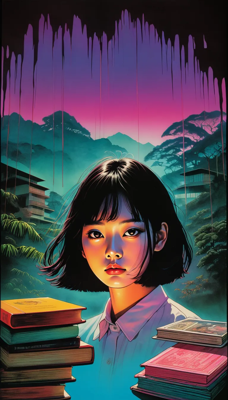 an illustration、art、80s thai horror movie poster, supervised by junji ito、(high school student:1.0)、library、book、attention to de...