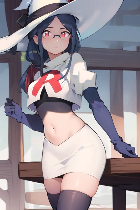 ((best quality)), ((highly detailed)), masterpiece, absurdres, (detailed eyes, deep eyes), (1girl), urca, blue hair, side ponytail, red eyes, white pupils, glasses, breasts, witch hat, team rocket,team rocket uniform,white skirt,red letter R,crop top,black...