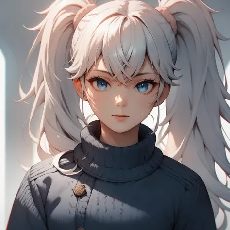 1girl, solo, upper body, ((cold expression)), looking at viewer, (blue eyes), ((double ponytail)), ((wavy bangs)), medium length white hair, ((light peach skin)), slender waist, white background, winter outfit, dark blue sweater, anime, cinematic lighting,...