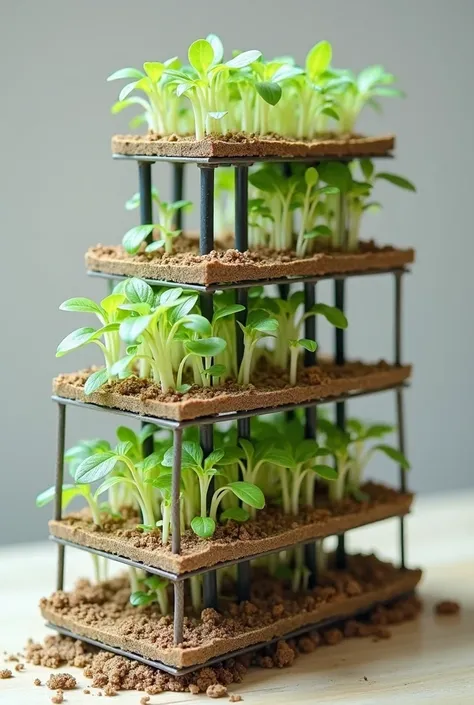  a wheat sprout irrigation system shaped like a scaffold , with five floors ,  that on each floor there is a tray ,  that in each tray there are 4 lines of tubes that cross the longer side of the tray,  that all the tubes are connected to a zigzag tube ,  ...