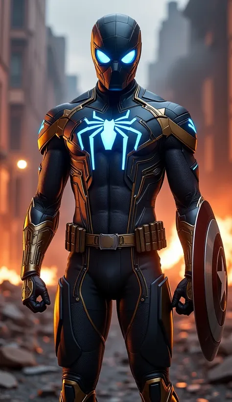 Create a hyperrealistic animation of a fusion between Spider-Man and full-body Captain America , On one arm the shield of Captain America flying with a high-tech armored suit that combines the gray and black color scheme of Spider-Man with the metallic fin...