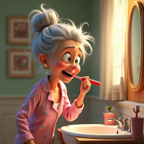 Create a 3D cartoon, Pixar style, A picture of a crazy grandma, with a messy gray bun, wearing pajamas, brushing her teeth, her toothpaste and toothbrush cup are by the sink, she looks in the mirror that hangs above the sink, UHD, animation.