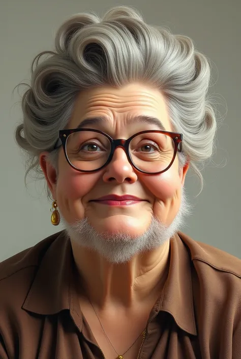 Obraz - Wysoka,  quite chubby fifty-six-year-old woman with yellowish gray hair in a fancy hairstyle, in glasses on a long ,  thin nose and a fine beard 