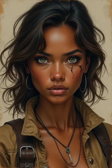  black woman ,  green eyes, roupa de cowboy, medium long brown hair and a scar on the mouth