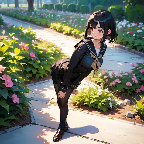 ( best quality,  high definition ,  super detailed, Realistic:1.37), Peaceful atmosphere, (Outdoor, garden),  Teenage Girl Standing Alone,(My breasts are large.),Beautifully detailed features,  cute smile with blush, ((Black Bob)),Long sleeve sailor suit, ...