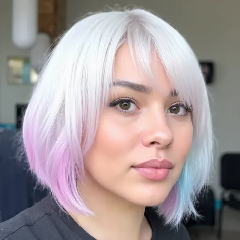 "A choppy, asymmetrical bob haircut with soft layers. The hair features a pure white base, with the right side longer, reaching just past the shoulder, and the left side shorter, stopping just below the jawline. The hair is styled with fine, blended highli...