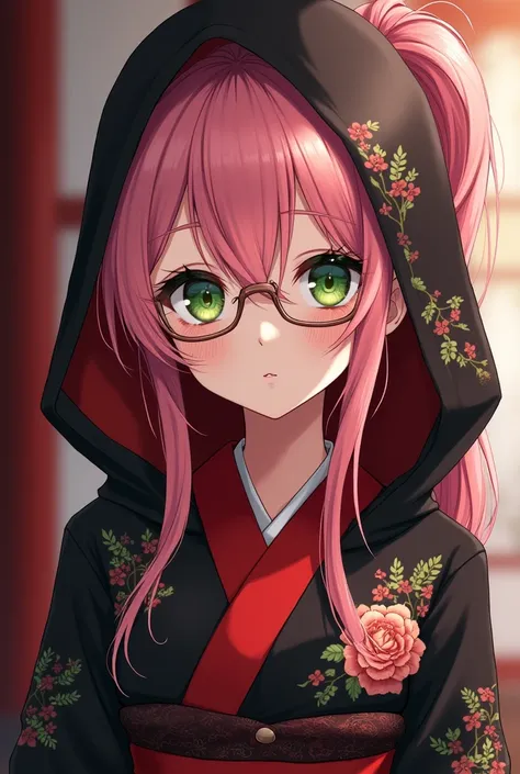  best quality ,   expressive eyes ,  perfect face Beautiful Japanese cartoon woman ,  cute cartoon anime ,  Beautiful Japanese kimono ,   kimono color black and red ,  Japanese woman long hair , Pink hair color, Ponytail hairstyle, freckles and glasses ,  ...