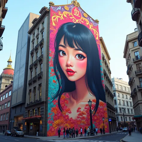  Very Detailed ,  animation styling on a building wall ,asian Singer,