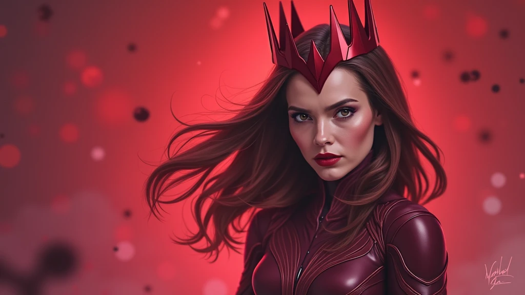 Wanda Maximoff the Scarlet Witch with her wine-colored Scarlet Witch costume and the Scarlet Witchs crown on her forehead in a red M shape all over her forehead 