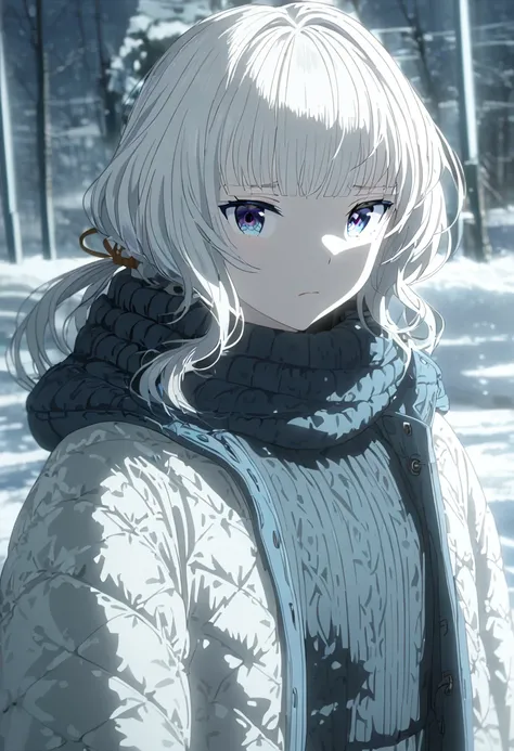 1girl, solo, upper body, ((cold expression)), looking at viewer, (blue eyes), ((double ponytail)), ((wavy bangs)), medium length white hair, ((light peach skin)), slender waist, white background, winter outfit, dark blue sweater, anime, cinematic lighting,...