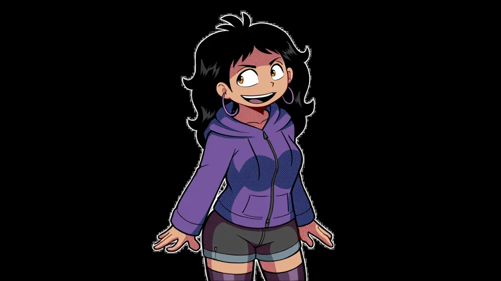 Pretty woman with long wavy black hair ,  tanned skin, in anime style,  with orange eyes , with earrings in the form of rings, wearing a purple hoodie , , jeans shorts and purple tights