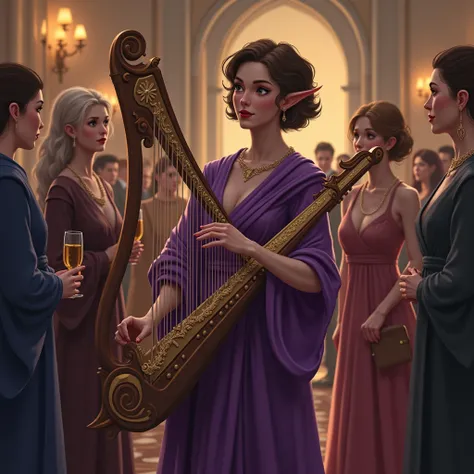  I want a young adult Elf playing the lyra at a noble elf party.  This elf is a little tall , short haired brown , something big,  dressed in a purple robe 