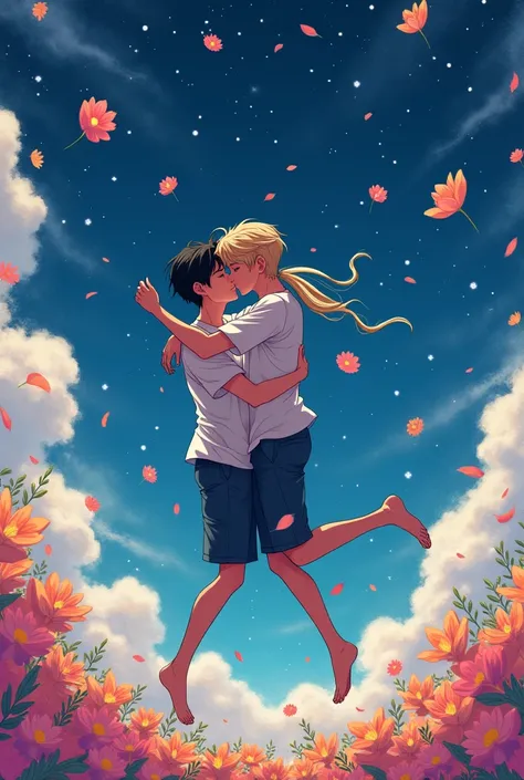 A background with bright flowers flying in a starry sky with two male teenagers floating and kissing, both are male and are letting their clothes fly while they are kissing in this place, the image has to have an anime style.