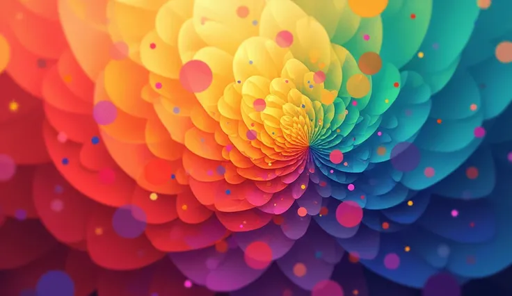 A vibrant composition of bright colors in harmony, covered with gradient transitions. The main colors include red, blue, yellow, and green, complemented by soft shades of purple and orange. The image features circles, spirals, and complex geometric shapes,...