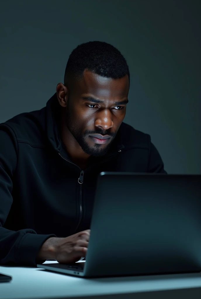 Dark skin black male wearing a tracksuit on the laptop while using his phone.